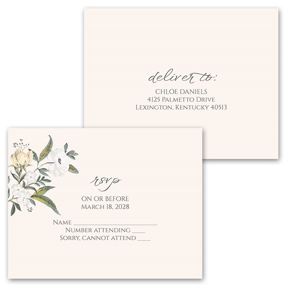 floral invitation and RSVP postcard with text area