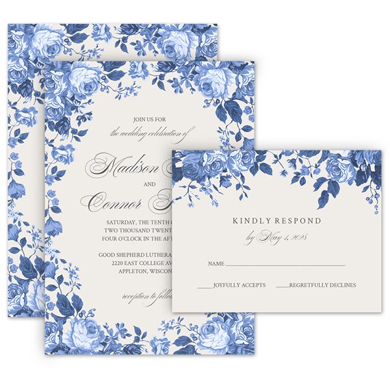 vintage floral invitation and response postcard with blue roses