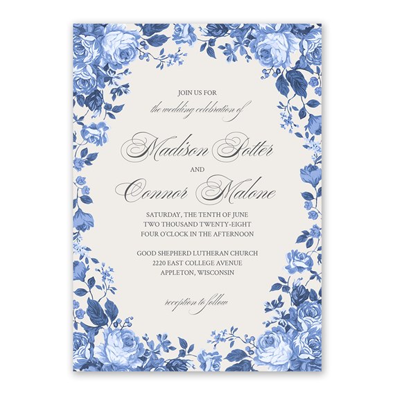 floral wedding invitation with blue roses
