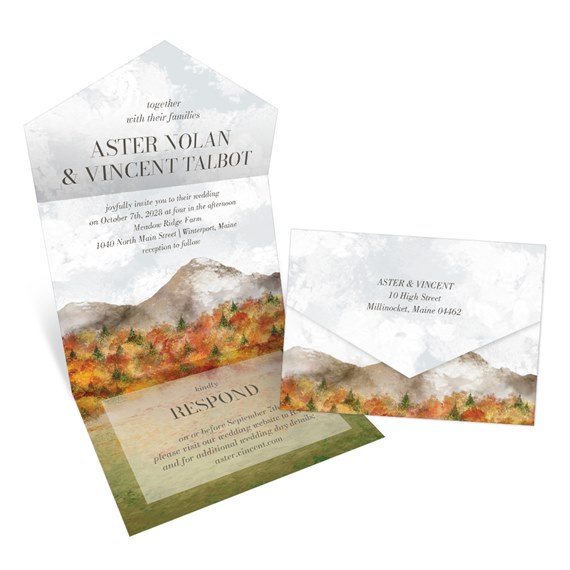 wedding invitation with mountain and autumn theme