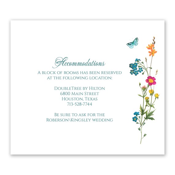 information card with floral design and accommodations text