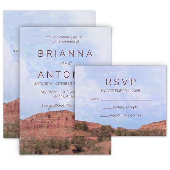 southwest wedding invitation and RSVP postcard with scenic background