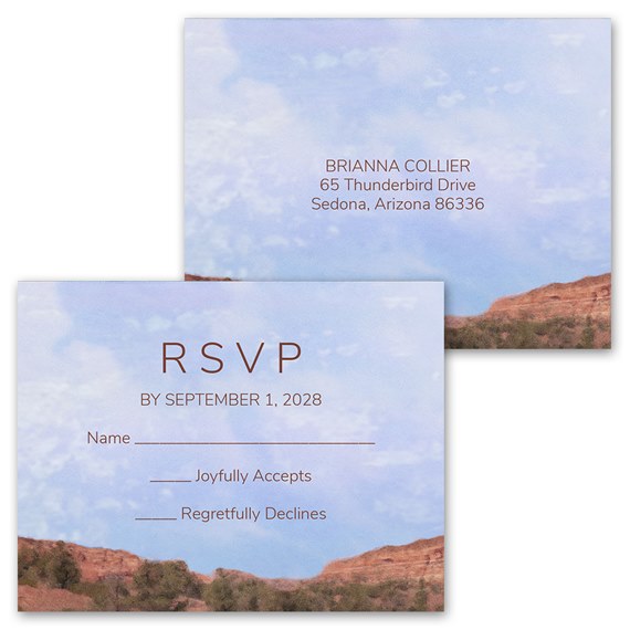 invitation and RSVP postcard with desert landscape and blue sky background