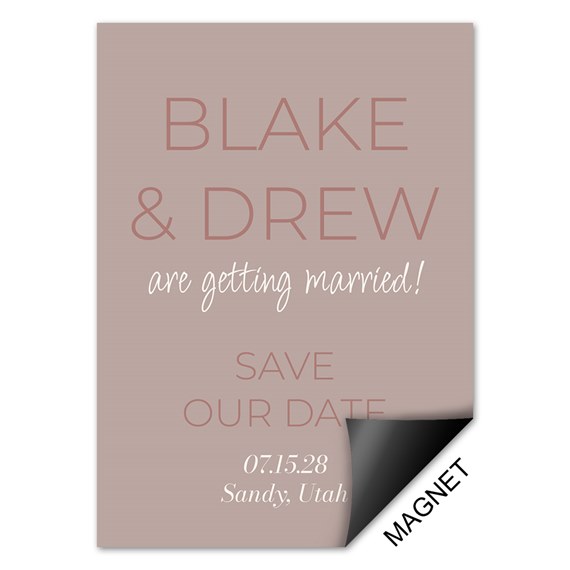 save the date magnet with mauve background and bold text