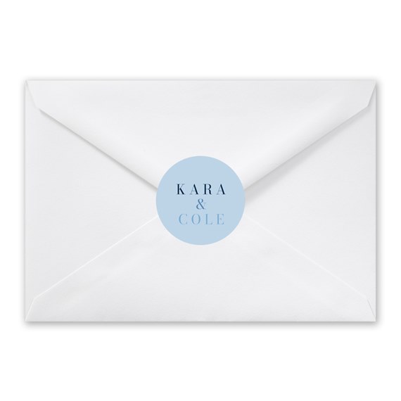white envelope with light blue circular seal and dark blue text