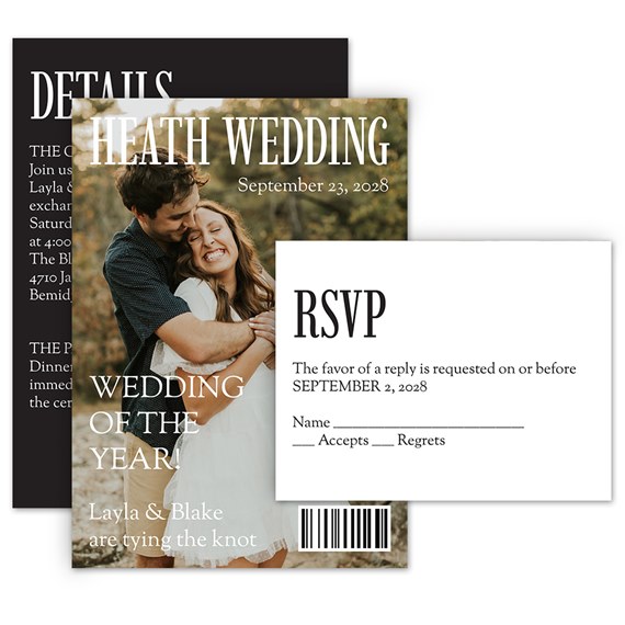 wedding invitation and RSVP postcard, photo area included