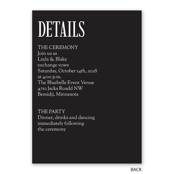 black invitation card with details text