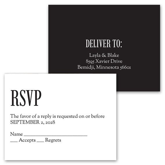 RSVP card with black and white design, photo placeholder