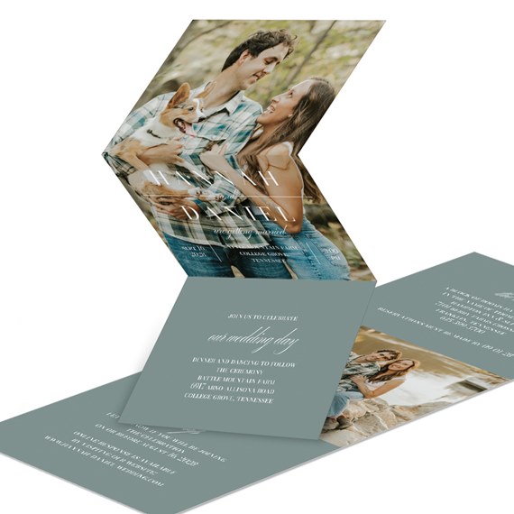 tri-fold wedding invitation with photo area and event details