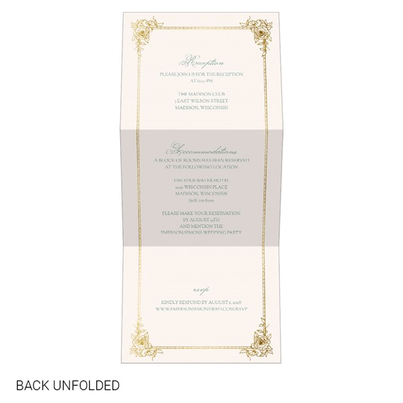 floral monogram invitation with gold accents and green text