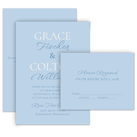 light blue invitation with response postcard, mixed fonts