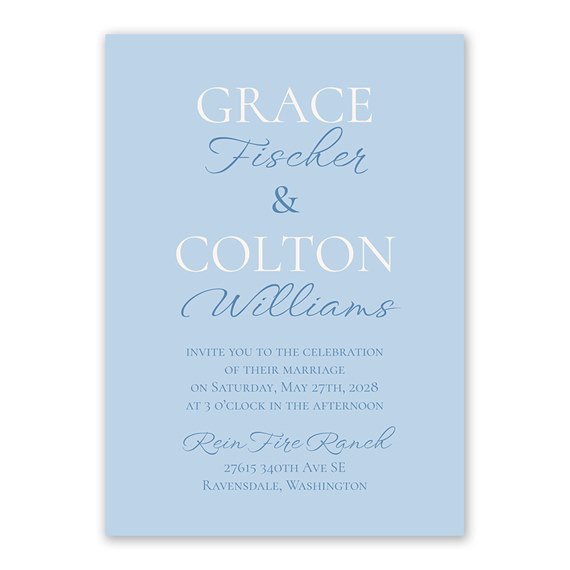 light blue wedding invitation with mixed fonts and text details