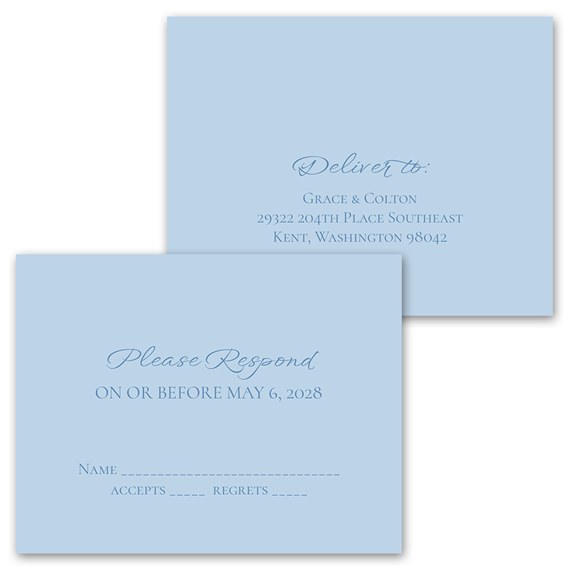 light blue invitation and response postcard with elegant typography