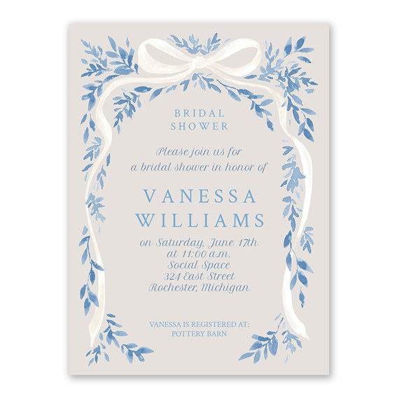 bridal shower invitation with blue leaves and white bow