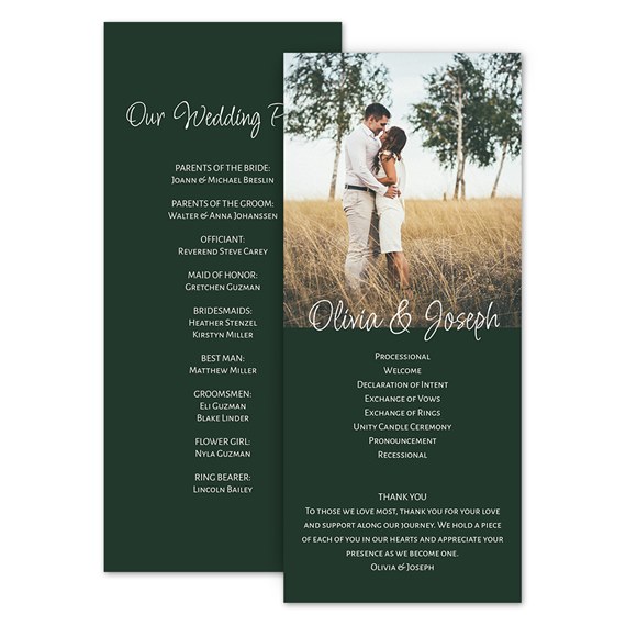 wedding program with photo area and text for wedding details