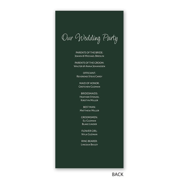 dark green wedding program with white text listing wedding party