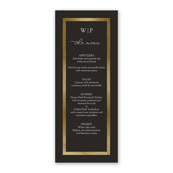 menu card with gold border and black background