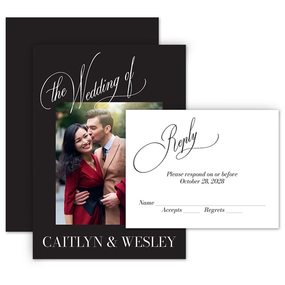 black wedding invitation with photo area and RSVP postcard