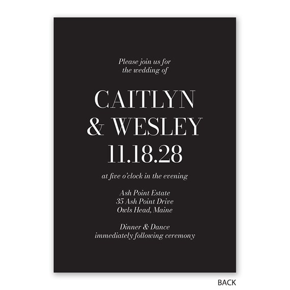 black wedding invitation with white text