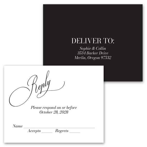 black and white invitation with reply postcard