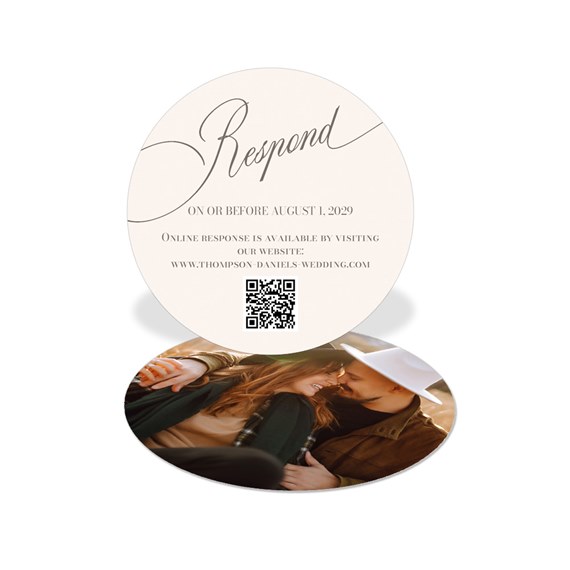 round RSVP card with photo area and text