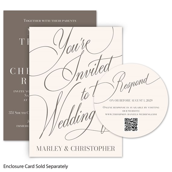 wedding invitation with RSVP card, cream and brown colors