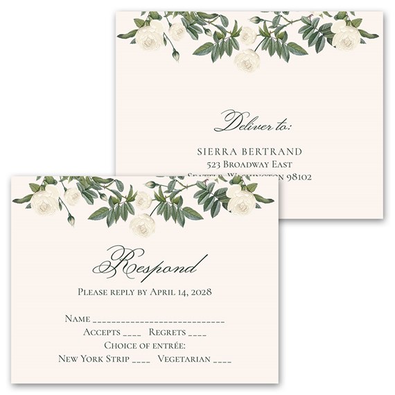 floral invitation with response postcard, white roses and greenery