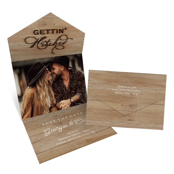 wooden save the date card with photo placeholder