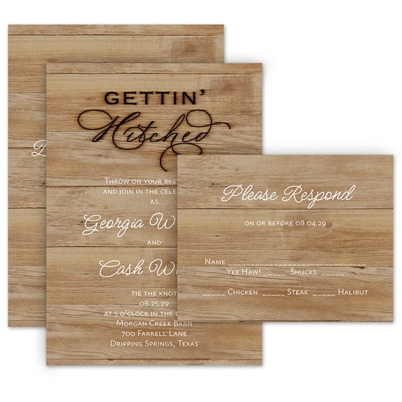 rustic wedding invitation and response postcard with wood design