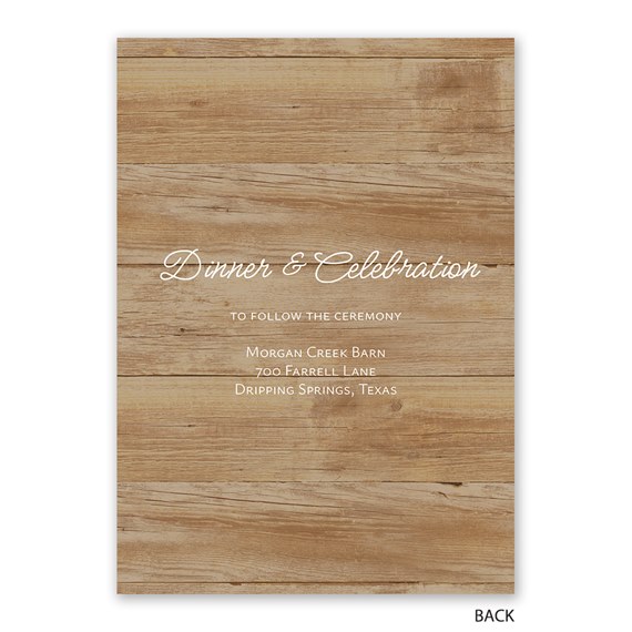 wood-textured invitation with decorative text