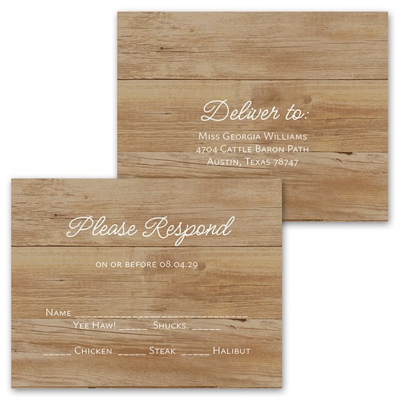 wooden invitation with response postcard