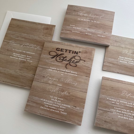 rustic wedding invitation with response postcard