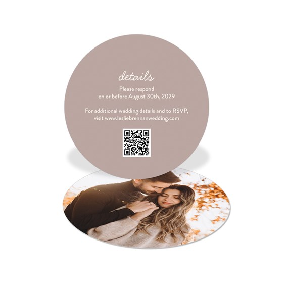 round wedding RSVP card with couple photo front and mauve back showing RSVP details and QR code