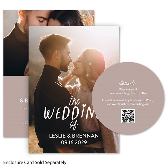photo wedding invitation with couple portrait, white handwritten title and round mauve details enclosure card