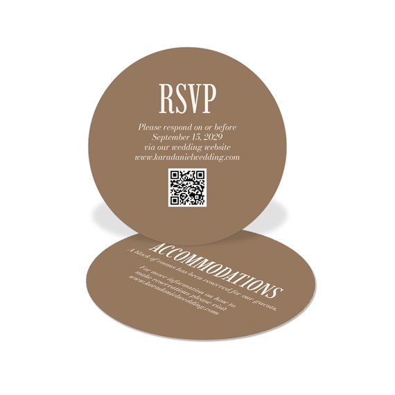 round RSVP cards with brown background and white text