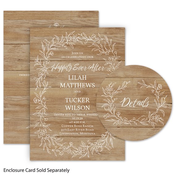 rustic botanical invitation with wood background and floral details
