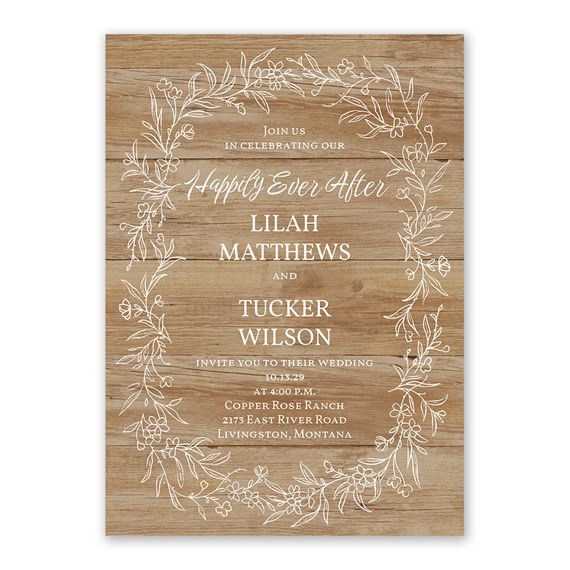 rustic botanical wedding invitation with floral wreath