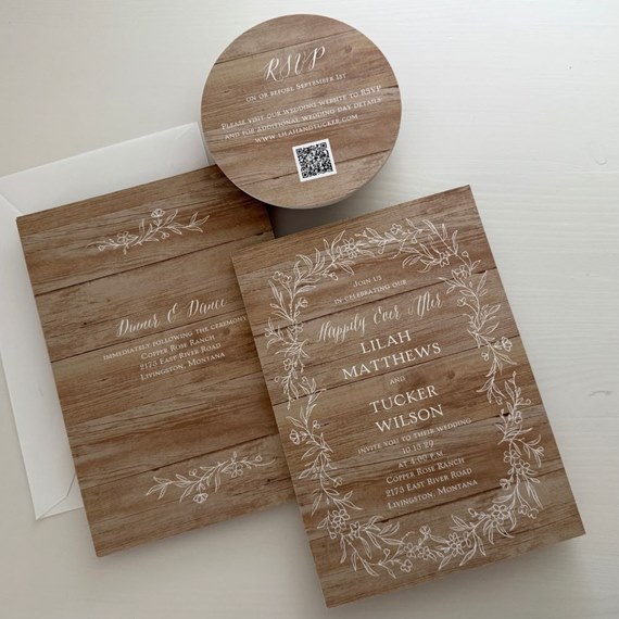 rustic floral invitation and RSVP card with wood texture
