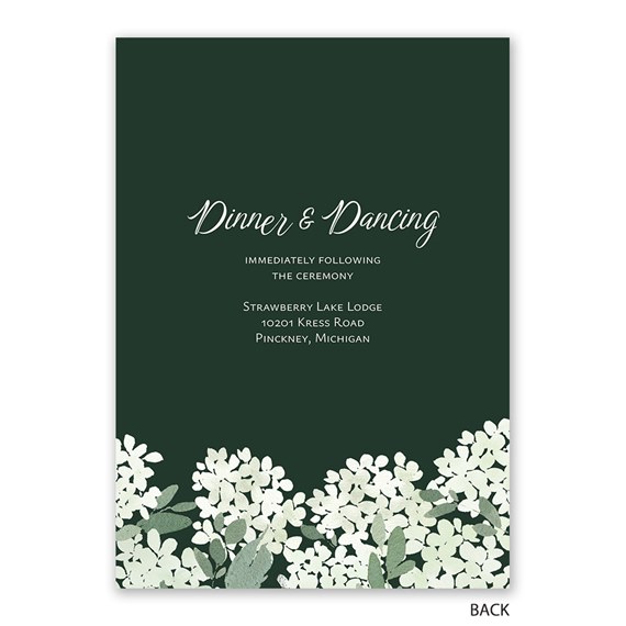 dark green invitation with hydrangea floral design and white text