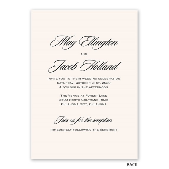 Classic wedding invitation with black script headings and printed event details on a beige background