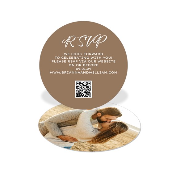 circular rsvp card with photo placeholder and qr code