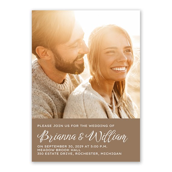 wedding invitation with photo area and taupe background