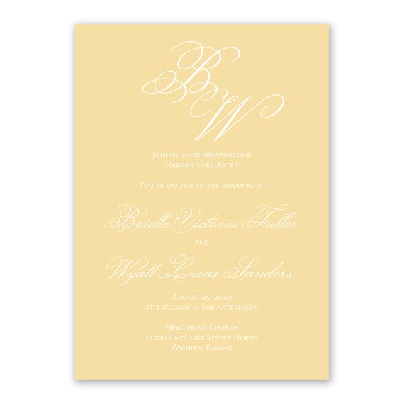 wedding invitation with yellow background and white text