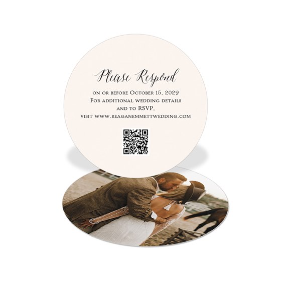 round double-sided wedding RSVP card with cream front, QR code and photo of bride and groom on the back