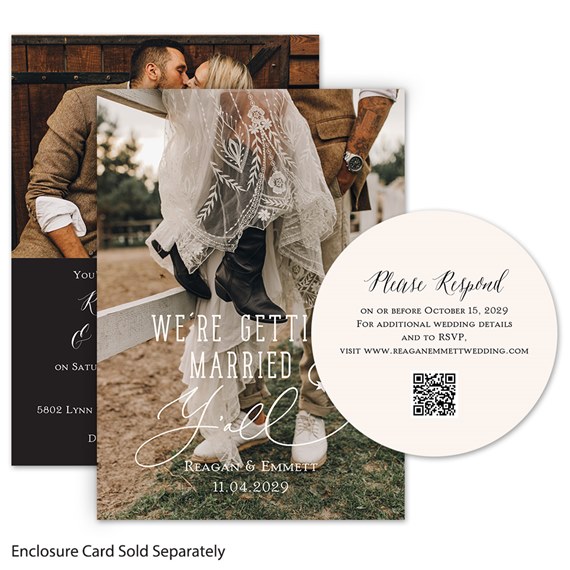 Photo wedding invitation with lace veil and boots, white script text overlay and round beige RSVP card
