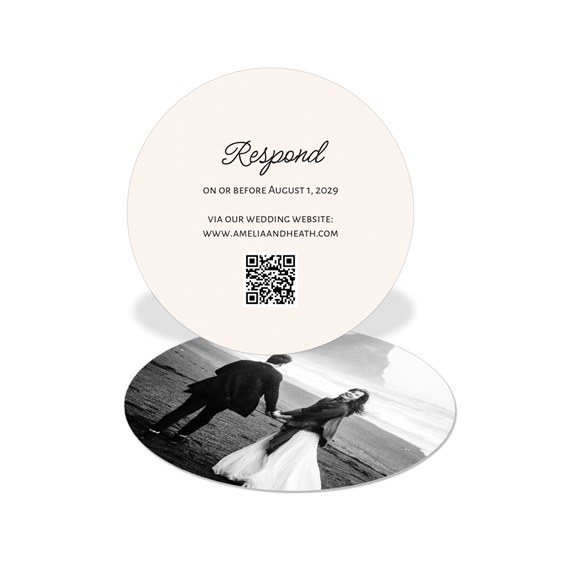 circular RSVP card with photo area and QR code