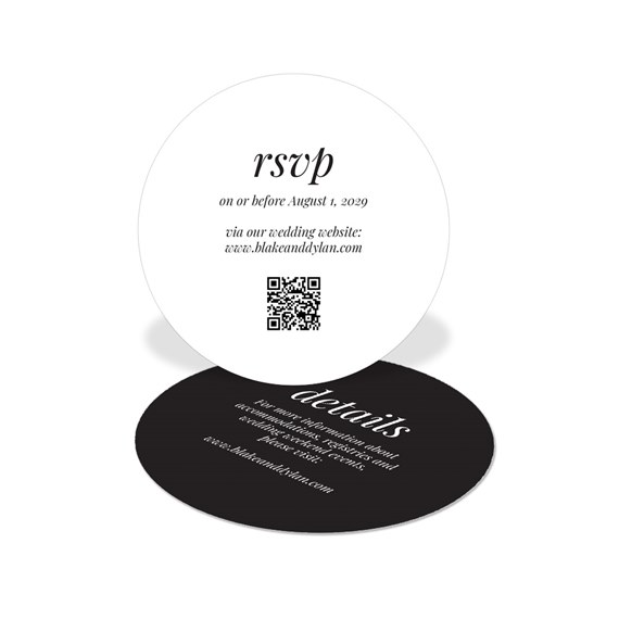 round black and white double-sided wedding rsvp card with qr code