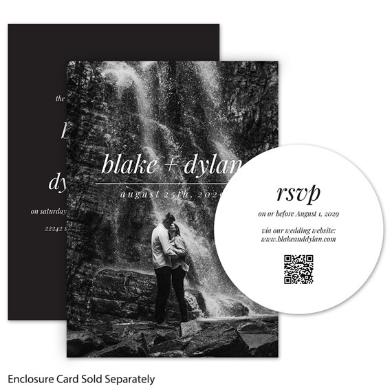 black-and-white wedding invitation with waterfall photo, couple, script names and round white rsvp card