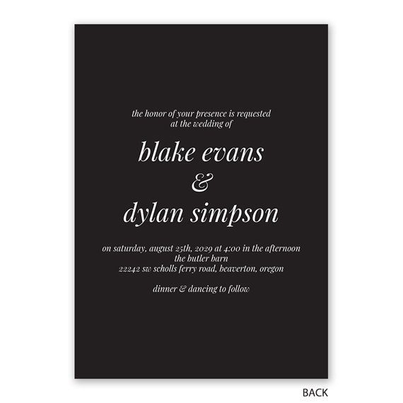 black wedding invitation with centered white script and serif text showing event details