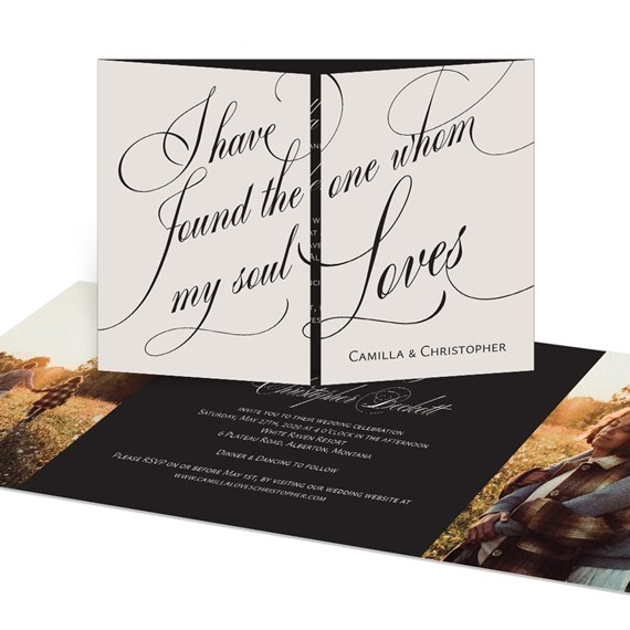 elegant wedding invitation with script text and photo placeholders